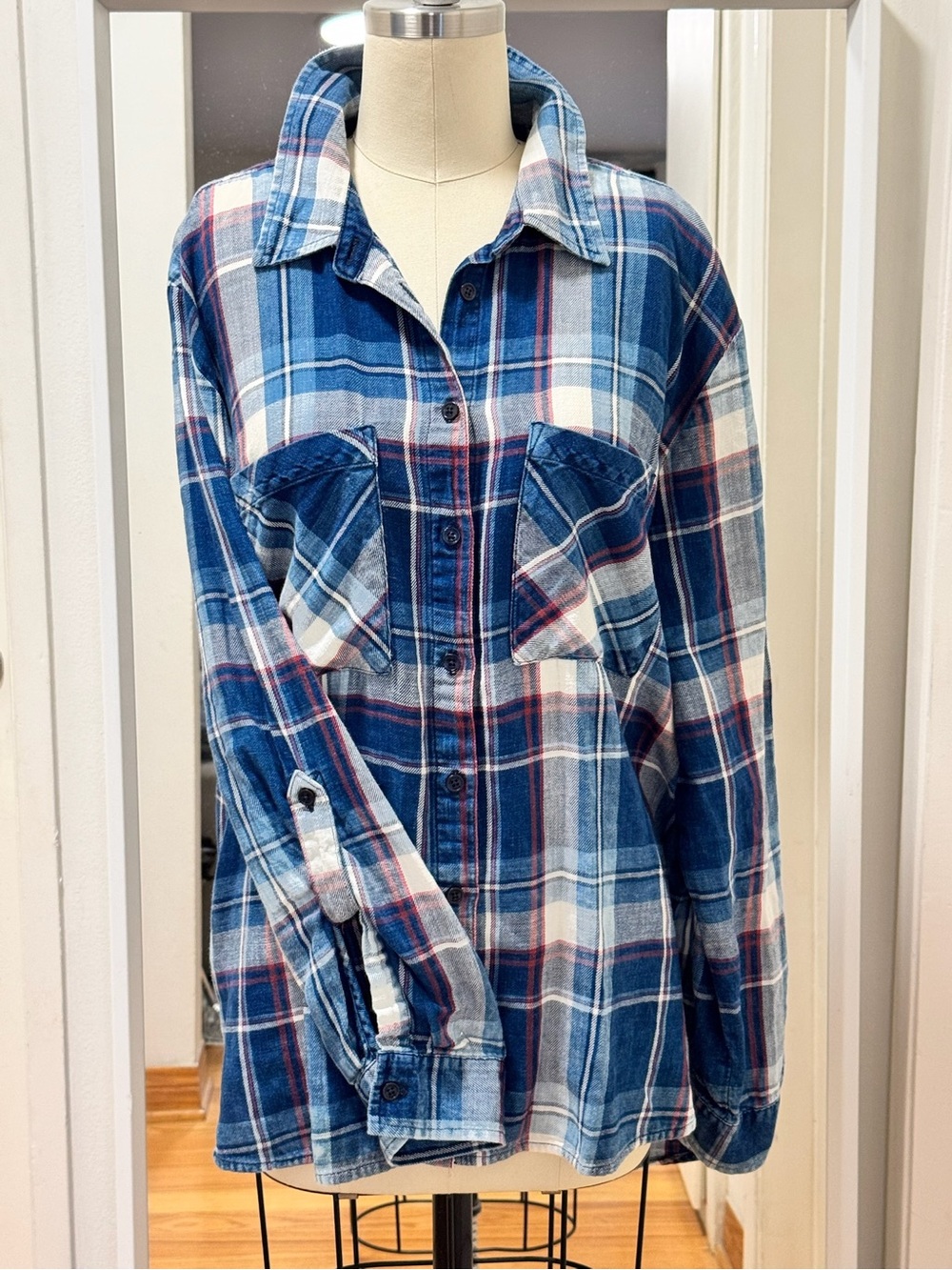 MICHAEL Michael Kors Blue Plaid Shirt with Red Accents
